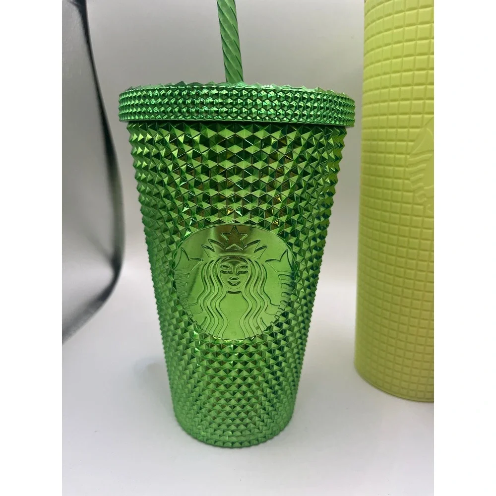 Starbucks Tumbler Set 3pc Studded Grid Diamond Green Yellow Blue 24oz 16oz Cup